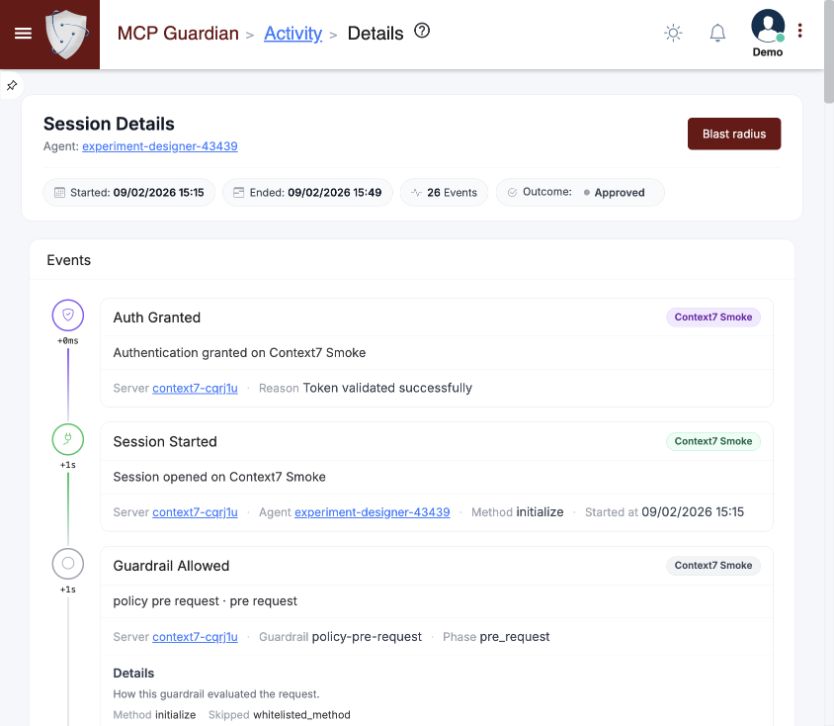 MCP Guardian session timeline with authentication and guardrail decisions. Demo data.